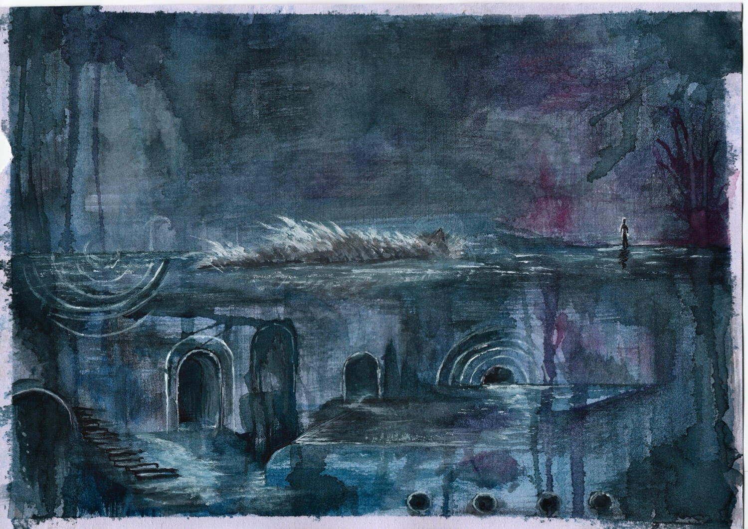 The Underground Pool The Underground Pool (2026), a watercolour, graphite and ink painting inspired by a vivid dream.